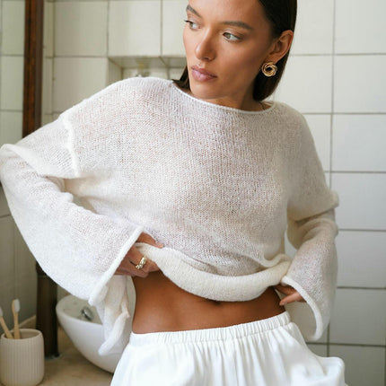 Hollow Knit Sweater Transparent Trumpet Long Sleeve Knitted Sweater T-shirt Women