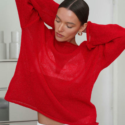 Hollow Knit Sweater Transparent Trumpet Long Sleeve Knitted Sweater T-shirt Women