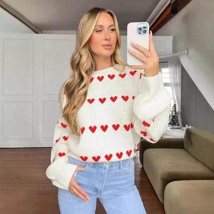 Women's Heart Color Contrast Knitted Pullover Round Neck Long Sleeve Sweater