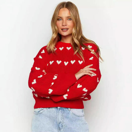 Women's Heart Color Contrast Knitted Pullover Round Neck Long Sleeve Sweater