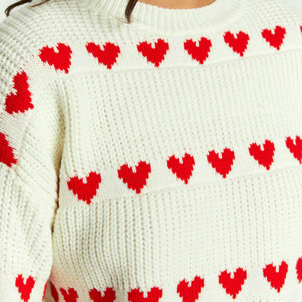 Women's Heart Color Contrast Knitted Pullover Round Neck Long Sleeve Sweater