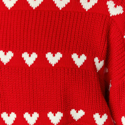 Women's Heart Color Contrast Knitted Pullover Round Neck Long Sleeve Sweater