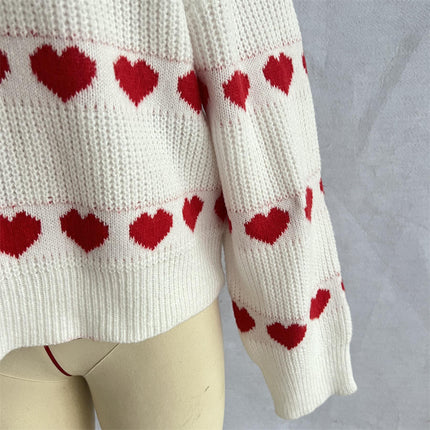 Women's Heart Color Contrast Knitted Pullover Round Neck Long Sleeve Sweater