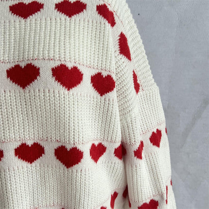 Women's Heart Color Contrast Knitted Pullover Round Neck Long Sleeve Sweater