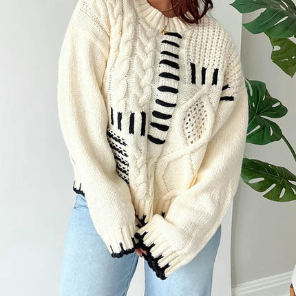 Retro Twist Contrast Color Round Neck Pullover Loose Casual Sweater for Women
