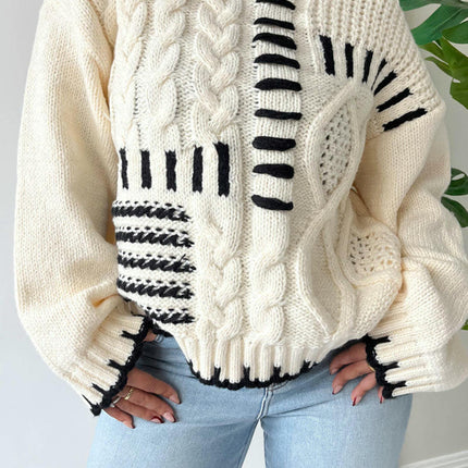 Retro Twist Contrast Color Round Neck Pullover Loose Casual Sweater for Women