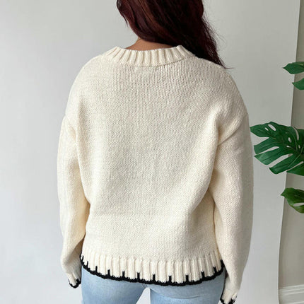 Retro Twist Contrast Color Round Neck Pullover Loose Casual Sweater for Women