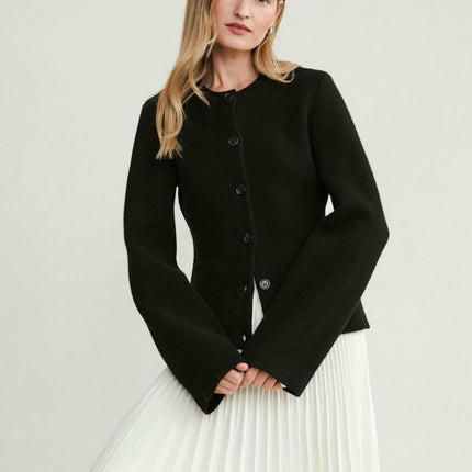 Simple Slim Fit Short Knit Button Cardigan Long Sleeve Sweater Jacket Women