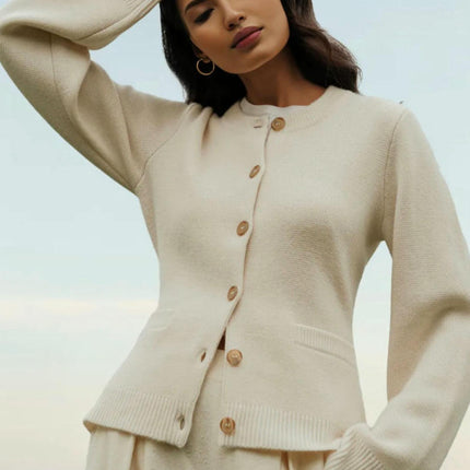 Simple Slim Fit Short Knit Button Cardigan Long Sleeve Sweater Jacket Women