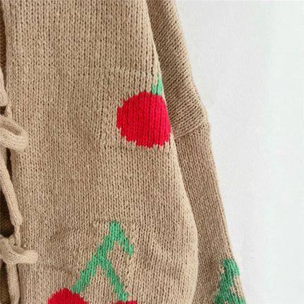 Cherry Embroidered Jacquard Cardigan Women's Cute Lace-up Knitted Sweater Jacket