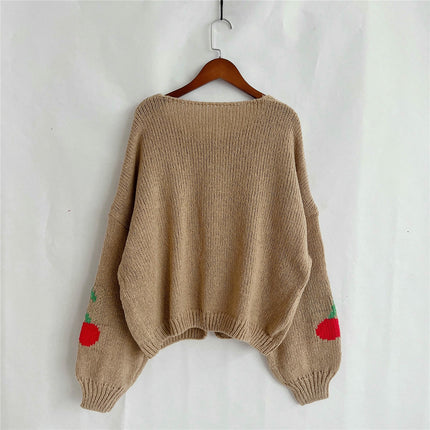 Cherry Embroidered Jacquard Cardigan Women's Cute Lace-up Knitted Sweater Jacket