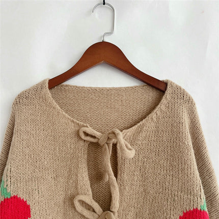 Cherry Embroidered Jacquard Cardigan Women's Cute Lace-up Knitted Sweater Jacket