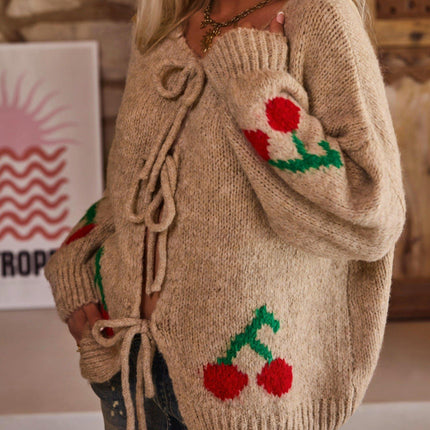 Cherry Embroidered Jacquard Cardigan Women's Cute Lace-up Knitted Sweater Jacket