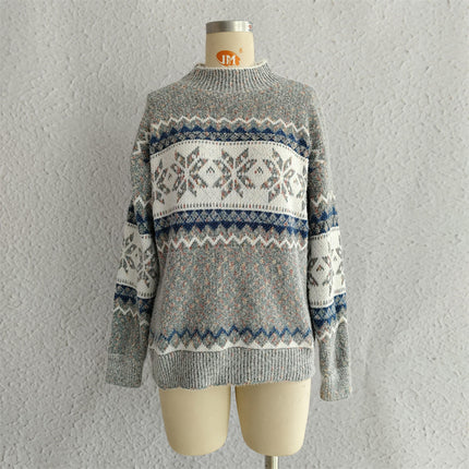 Women's Pullover Knit Sweater Half Turtleneck Chenille Snowflake Sweater