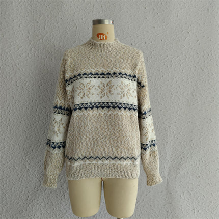 Women's Pullover Knit Sweater Half Turtleneck Chenille Snowflake Sweater