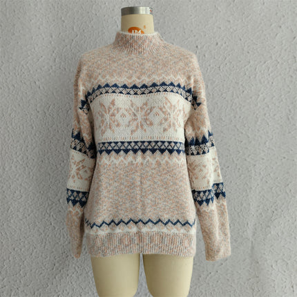 Women's Pullover Knit Sweater Half Turtleneck Chenille Snowflake Sweater