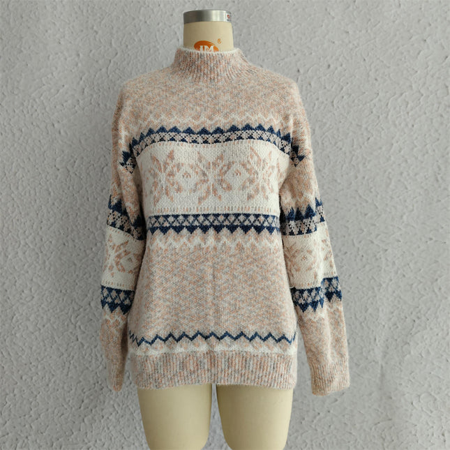 Women's Pullover Knit Sweater Half Turtleneck Chenille Snowflake Sweater