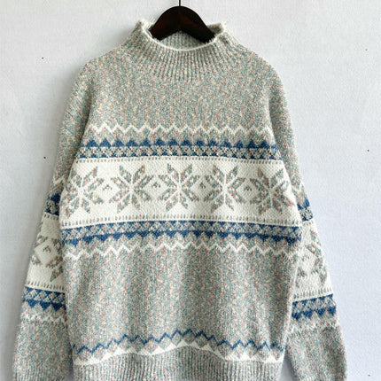 Women's Pullover Knit Sweater Half Turtleneck Chenille Snowflake Sweater