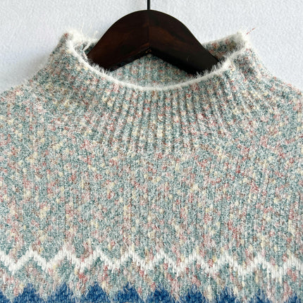 Women's Pullover Knit Sweater Half Turtleneck Chenille Snowflake Sweater