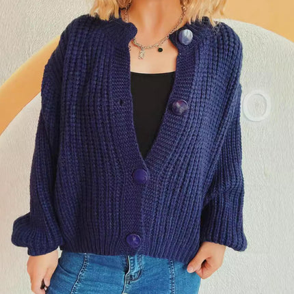 Women's Lazy Style Round Neck Loose Casual Wool Knitted Cardigan Jacket