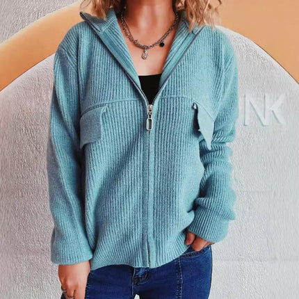 Women's Solid Color Sweater Lapel Zipper Long Sleeve Knitted Cardigan Jacket