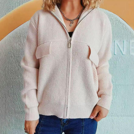 Women's Solid Color Sweater Lapel Zipper Long Sleeve Knitted Cardigan Jacket