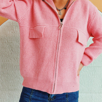 Women's Solid Color Sweater Lapel Zipper Long Sleeve Knitted Cardigan Jacket