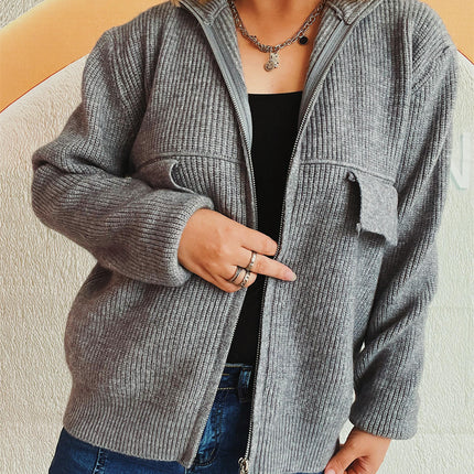 Women's Solid Color Sweater Lapel Zipper Long Sleeve Knitted Cardigan Jacket