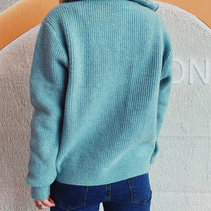 Women's Solid Color Sweater Lapel Zipper Long Sleeve Knitted Cardigan Jacket