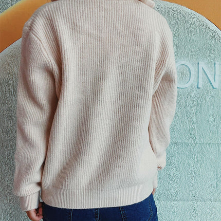 Women's Solid Color Sweater Lapel Zipper Long Sleeve Knitted Cardigan Jacket