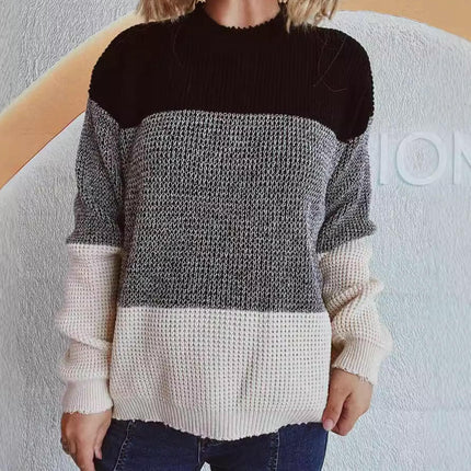 Contrast Color Knitted Sweater Women's Loose Round Neck Long Sleeve Knitted Top