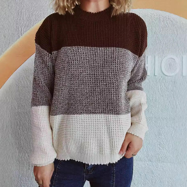 Contrast Color Knitted Sweater Women's Loose Round Neck Long Sleeve Knitted Top