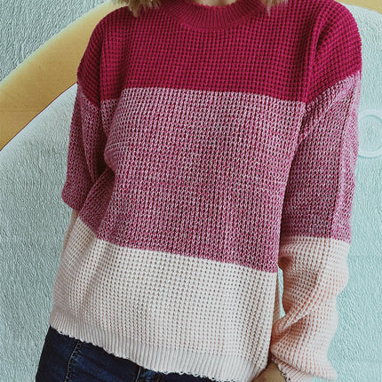 Contrast Color Knitted Sweater Women's Loose Round Neck Long Sleeve Knitted Top