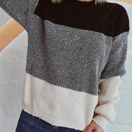 Contrast Color Knitted Sweater Women's Loose Round Neck Long Sleeve Knitted Top