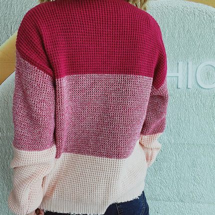 Contrast Color Knitted Sweater Women's Loose Round Neck Long Sleeve Knitted Top