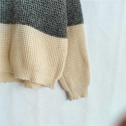 Contrast Color Knitted Sweater Women's Loose Round Neck Long Sleeve Knitted Top