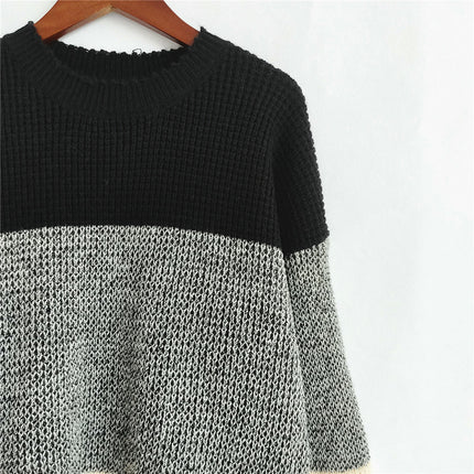 Contrast Color Knitted Sweater Women's Loose Round Neck Long Sleeve Knitted Top