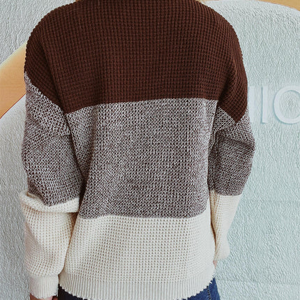 Contrast Color Knitted Sweater Women's Loose Round Neck Long Sleeve Knitted Top