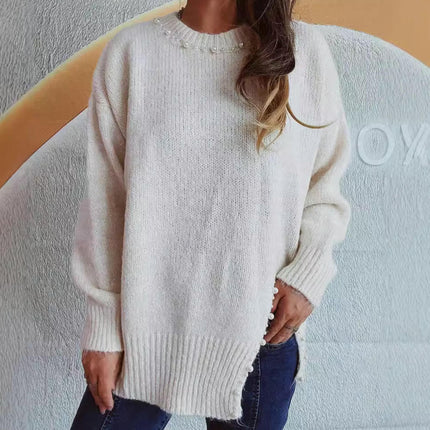 Slit Loose Lazy Style Knit Cardigan Women's Beaded Casual Pullover Sweater Top