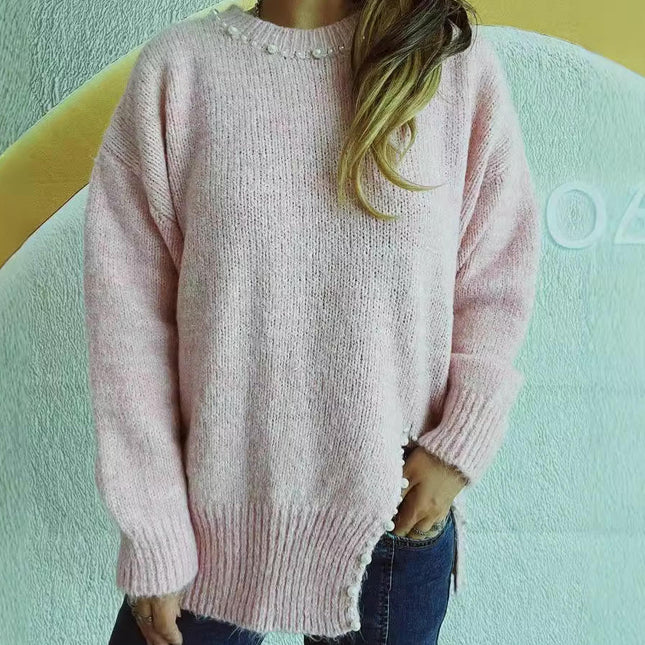 Slit Loose Lazy Style Knit Cardigan Women's Beaded Casual Pullover Sweater Top
