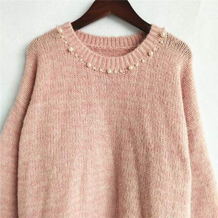 Slit Loose Lazy Style Knit Cardigan Women's Beaded Casual Pullover Sweater Top