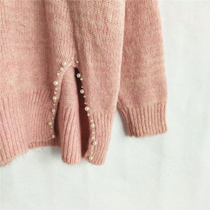 Slit Loose Lazy Style Knit Cardigan Women's Beaded Casual Pullover Sweater Top