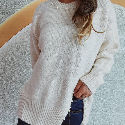 Slit Loose Lazy Style Knit Cardigan Women's Beaded Casual Pullover Sweater Top
