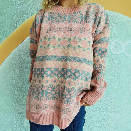 Round Neck Snowflake Print Pullover Knitted Cardigan Casual Sweater for Women