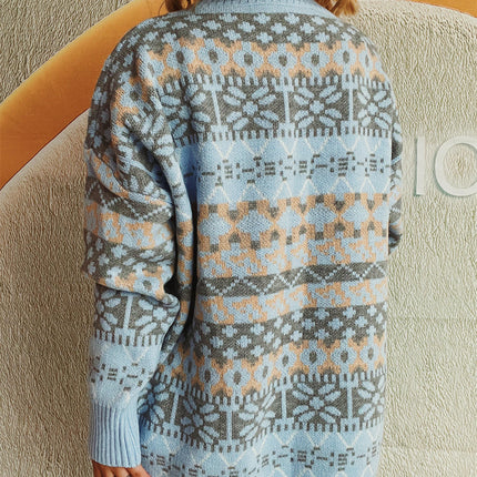 Round Neck Snowflake Print Pullover Knitted Cardigan Casual Sweater for Women