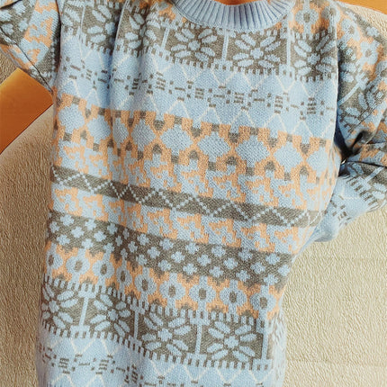 Round Neck Snowflake Print Pullover Knitted Cardigan Casual Sweater for Women