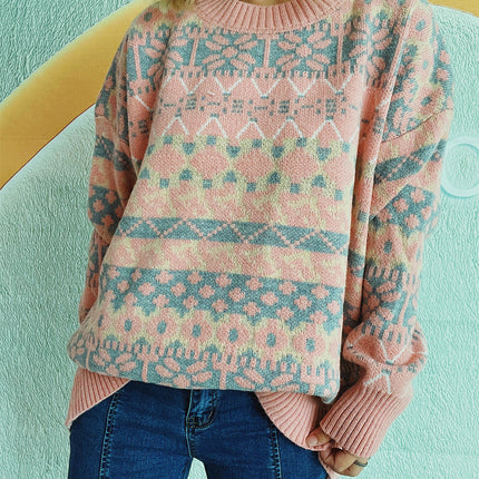 Round Neck Snowflake Print Pullover Knitted Cardigan Casual Sweater for Women