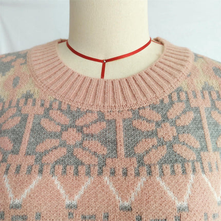 Round Neck Snowflake Print Pullover Knitted Cardigan Casual Sweater for Women