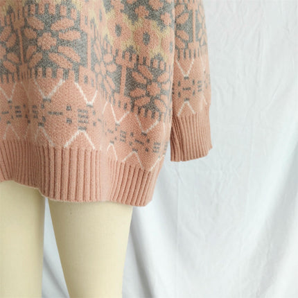Round Neck Snowflake Print Pullover Knitted Cardigan Casual Sweater for Women