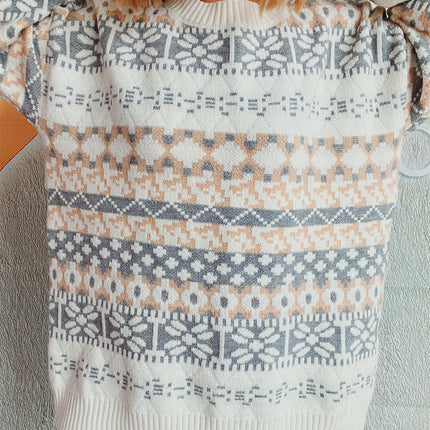 Round Neck Snowflake Print Pullover Knitted Cardigan Casual Sweater for Women